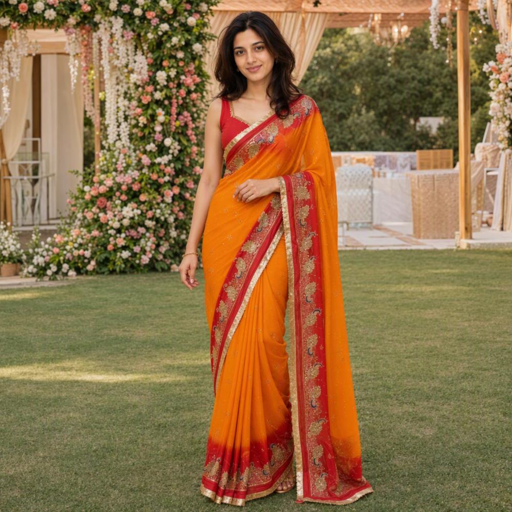 Beautiful Peacock Design Georgette Saree with Sequin & Lace Work