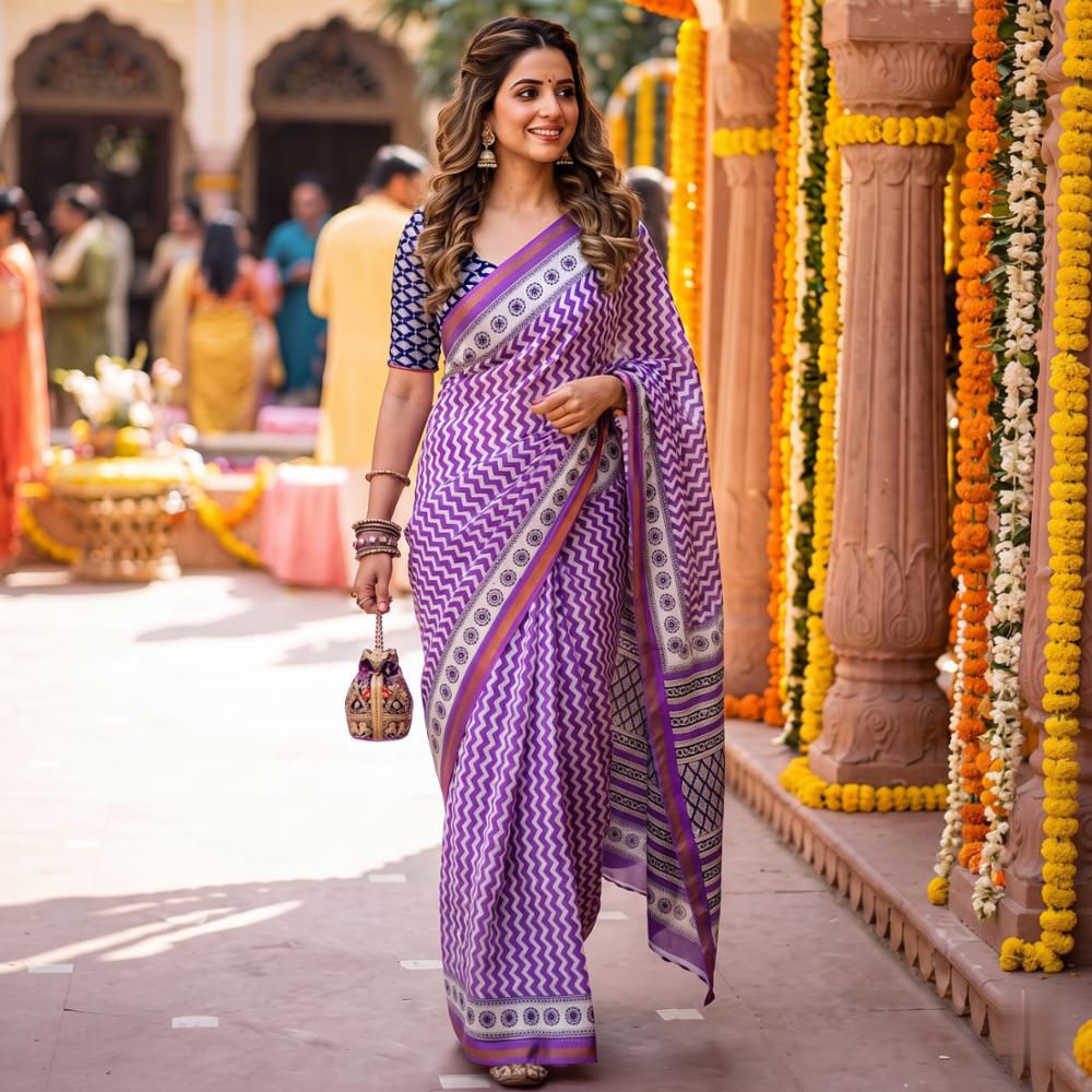 Premium Maslin Cotton Saree with Zari Border and Traditional Printed Design