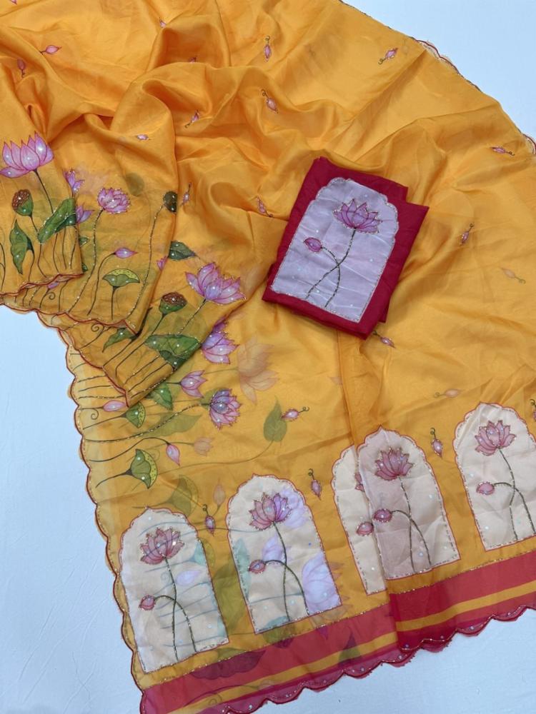 Soft Taffy Silk Digital Floral Print Saree with Katdana Handwork and Printed Blouse