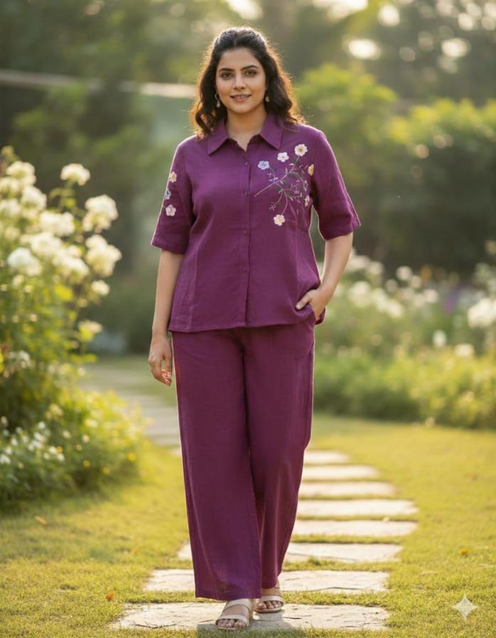 Womenâs Premium Cotton Slub Embroidered Co-ord Set