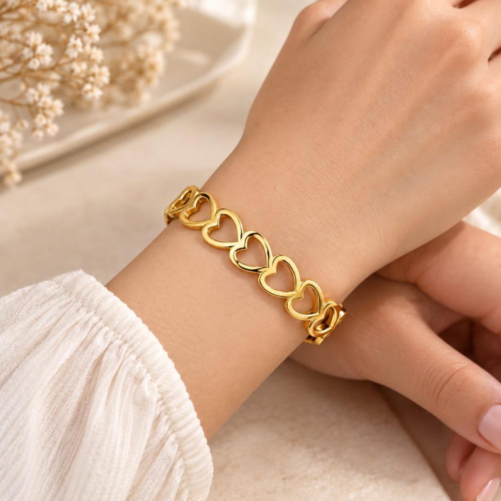 Women's Gold-Plated Interlinked Open Heart Design Kada Bracelet