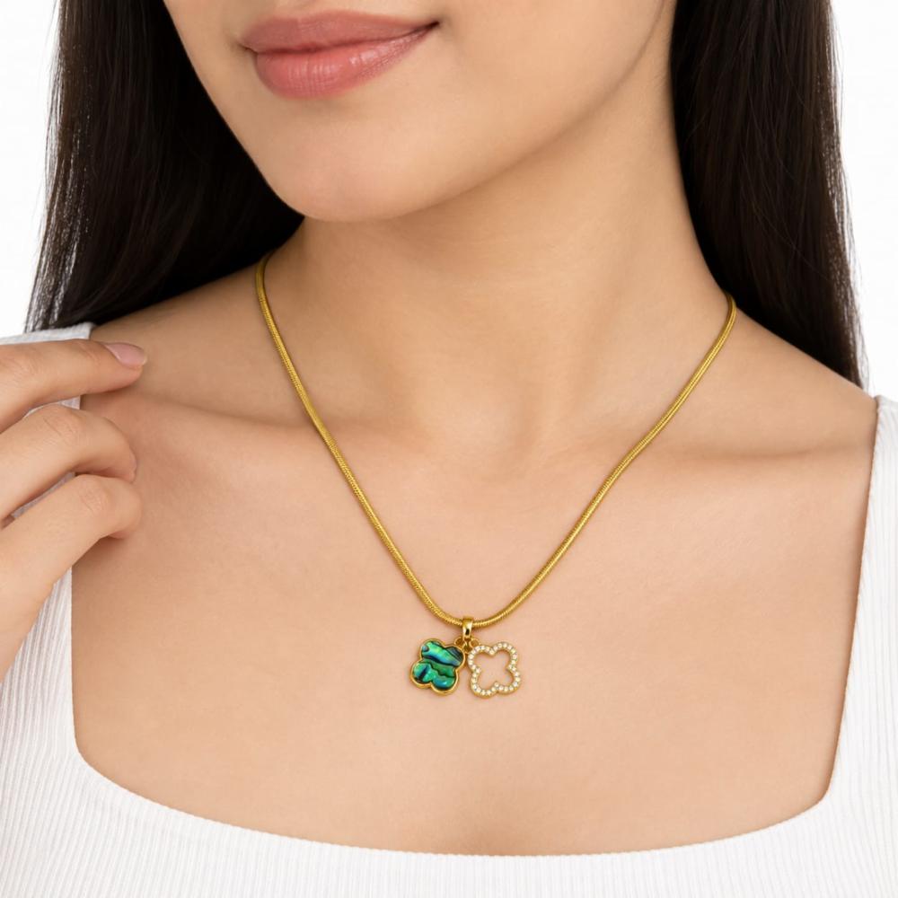 Women's Double Clover Pendant Necklace â Gold-Plated Chain with Green Mother-of-Pearl & Crystal Details