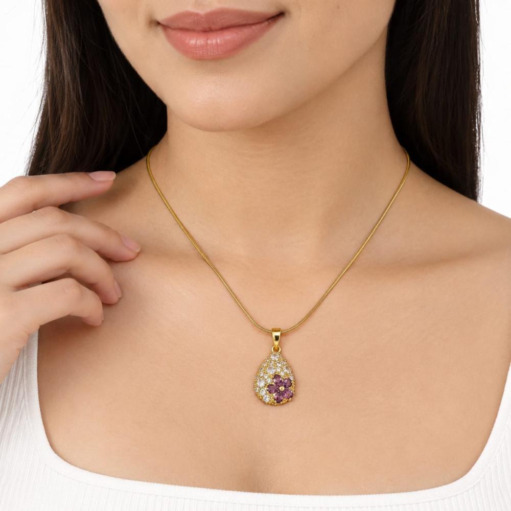Purple Crystal Flower Teardrop Pendant Necklace for Women
