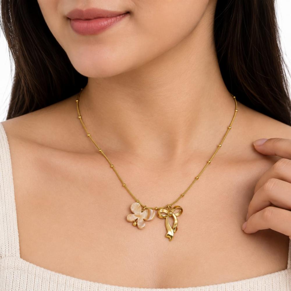 Marble Butterfly & Bow Charm Necklace for Women