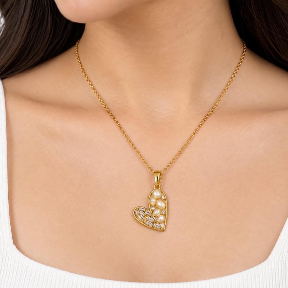 Pearl & Baguette Crystal Heart Pendant Necklace for Women