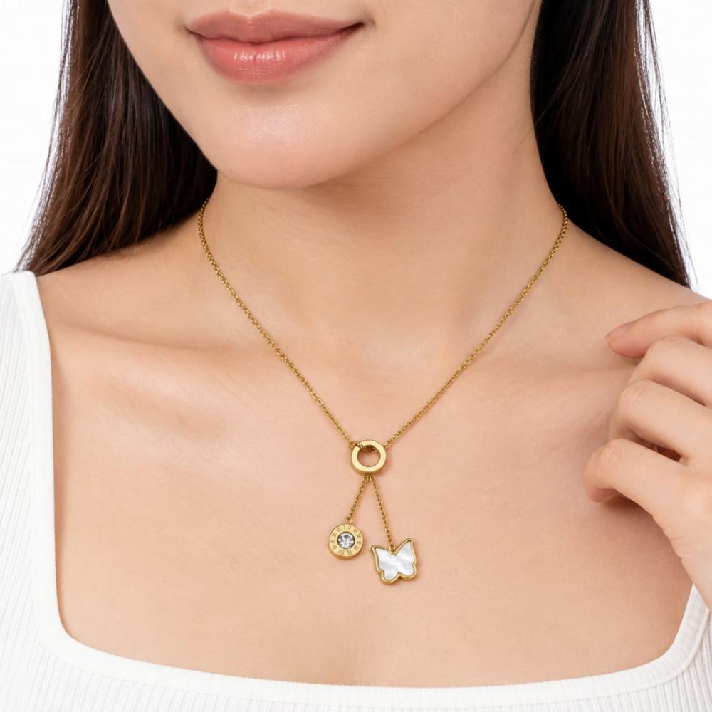 Roman Numeral Crystal & Mother of Pearl Butterfly Lariat Necklace â Gold-Plated Elegant Pendant Jewellery