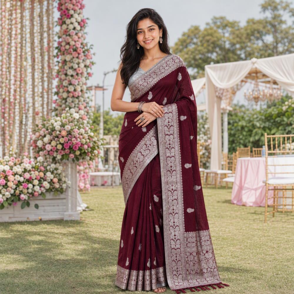 Deep Maroon Soft Silk Banarasi Saree with Silver Zari Border