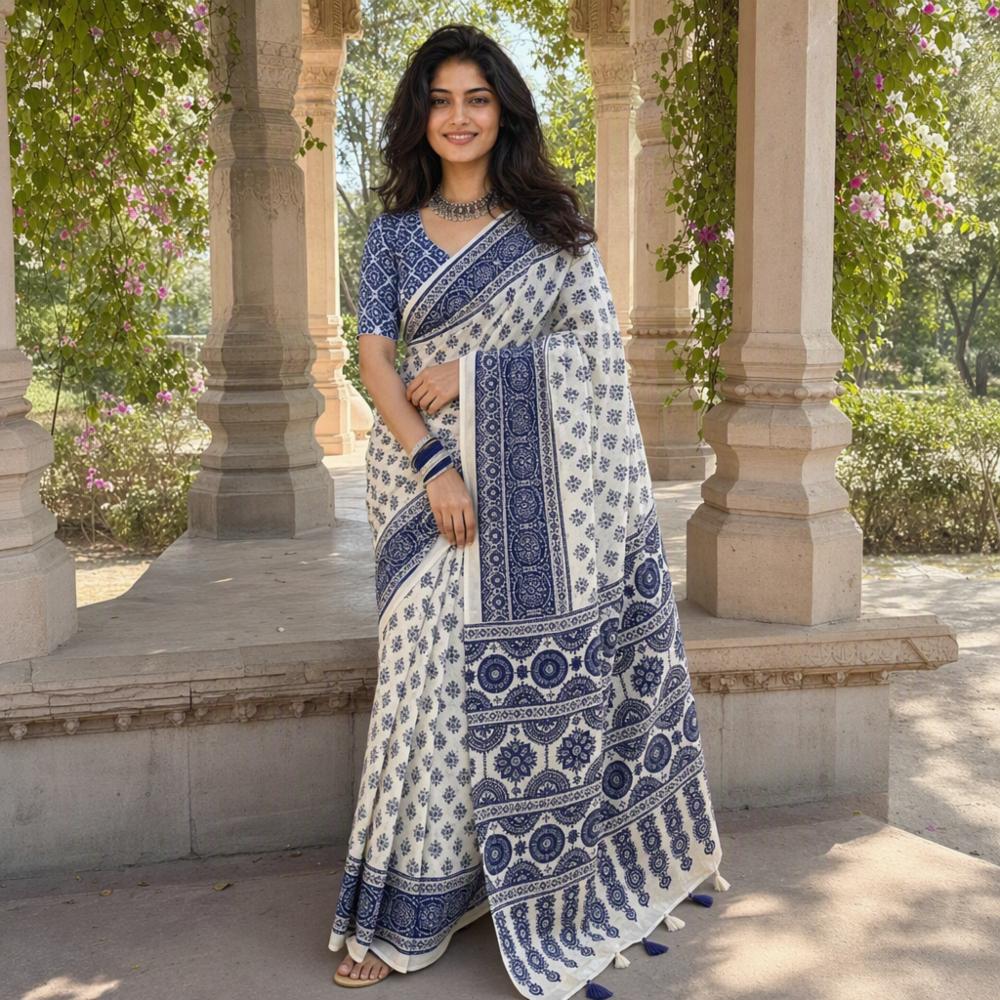 Sattin Viscose Silk Ajrakh Print Saree with Mirror Work & Designer Blouse