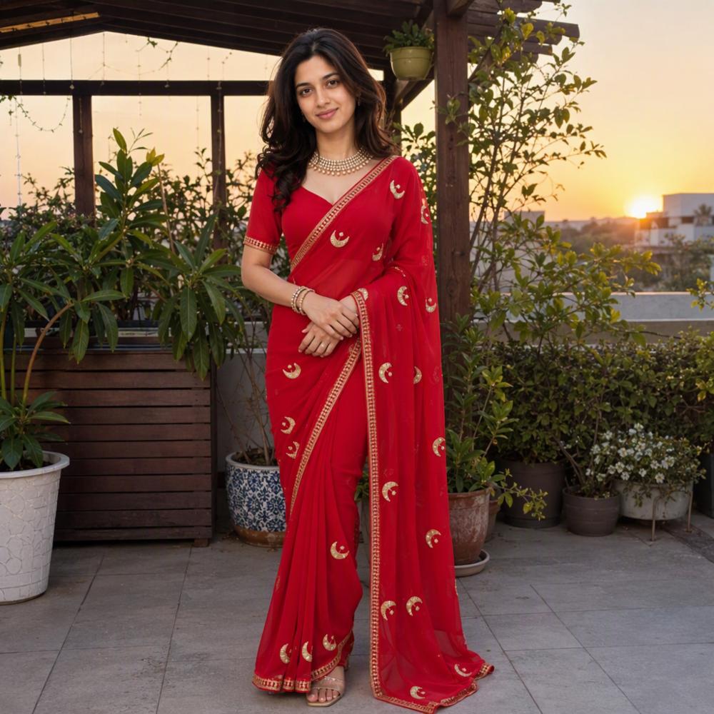 Beautiful Moon Design Georgette Saree with Sequin Work