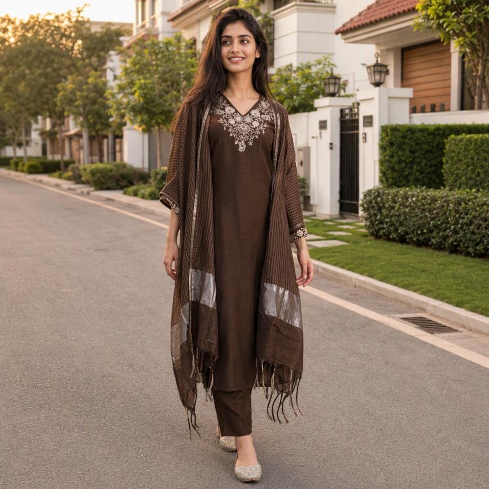 Cotton Blend Navy Blue Kurta Set with Silver Floral Embroidery