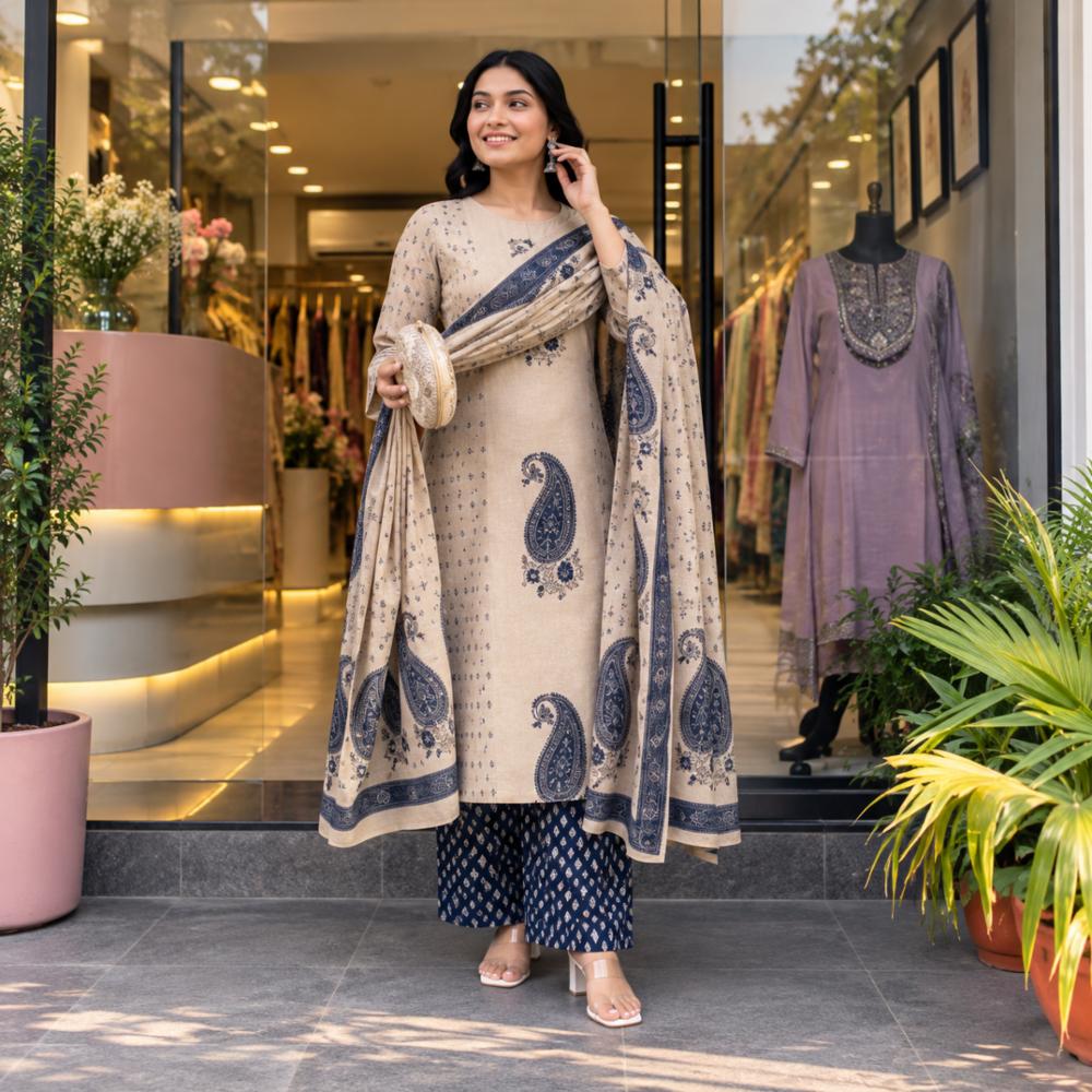 Cotton Blend Navy Blue Kurta Set with Silver Embroidery