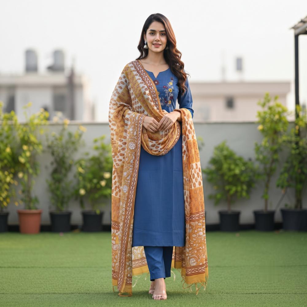 Premium Fine Cotton 60X60 Kurti Pant Dupatta Set for Women - Mirror Work & Kalamkari Dupatta