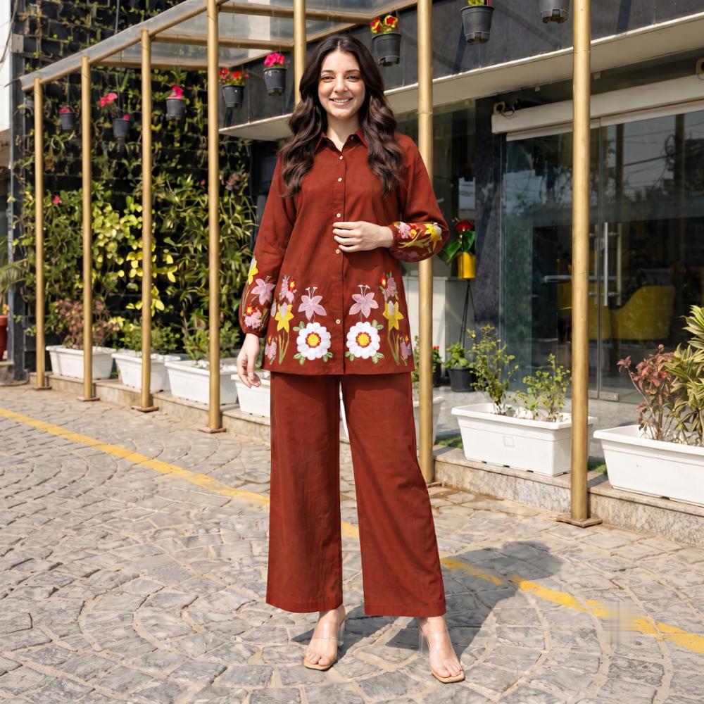 Womenâs Cotton 60X60 Flex Co-Ord Set - Rust Brown Floral Embroidery Top & Pant