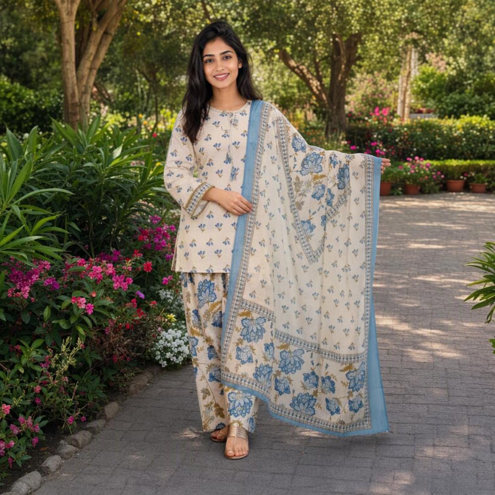 White Printed Kurti with Palazzo Set
