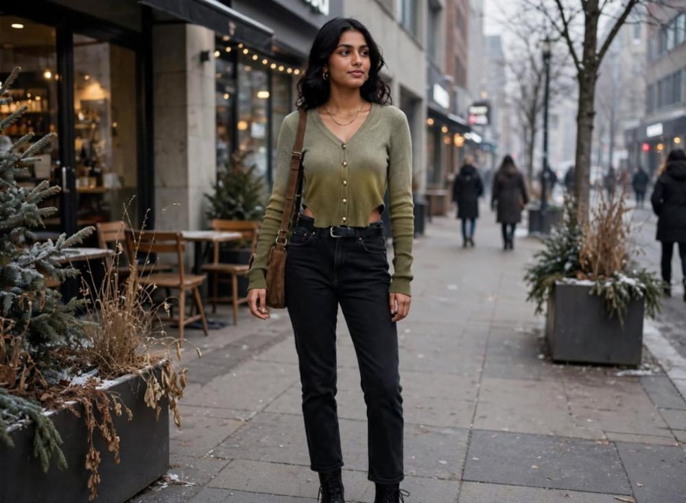 Womenâs Olive Shaded V-Neck Winter Shrug