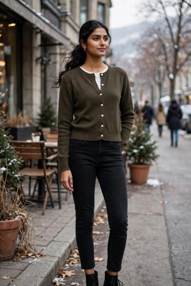 Womenâs Dark Olive Winter Shrug with White Buttons