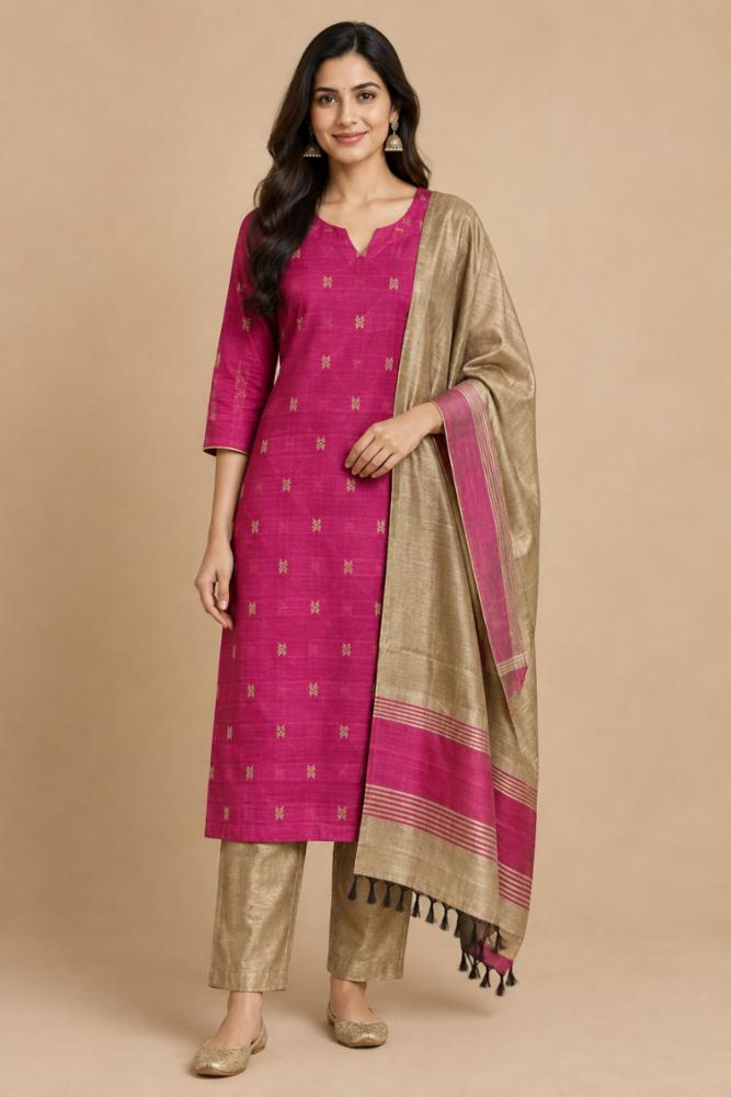Magenta & Antique Gold Woven Kurta Set with Dupatta