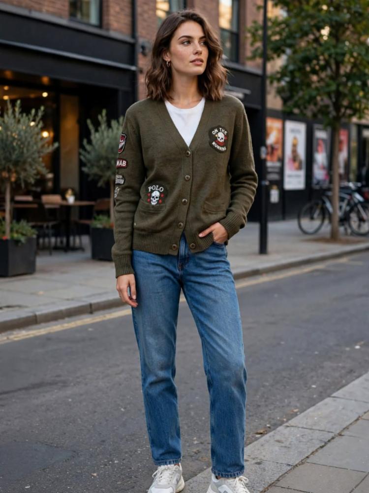 Womenâs Olive Green Wool Sweater with V-Neck & Front Buttons