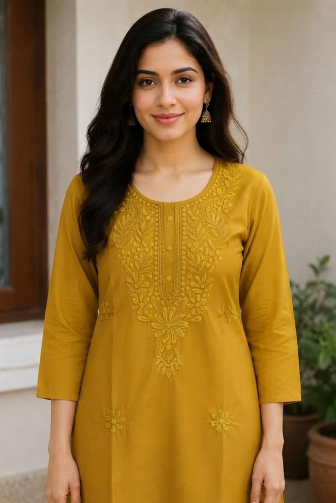 Mustard Yellow Chikankari Embroidered Shot Kurta