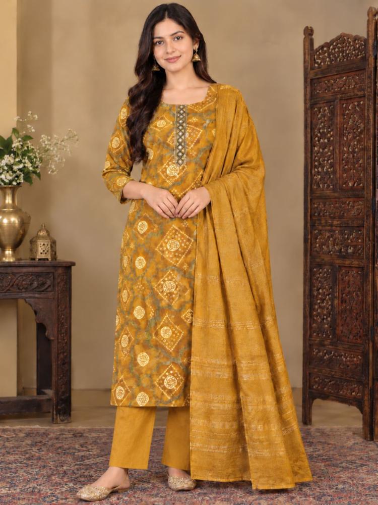 Mustard Yellow Printed Kurta Set with Dupatta