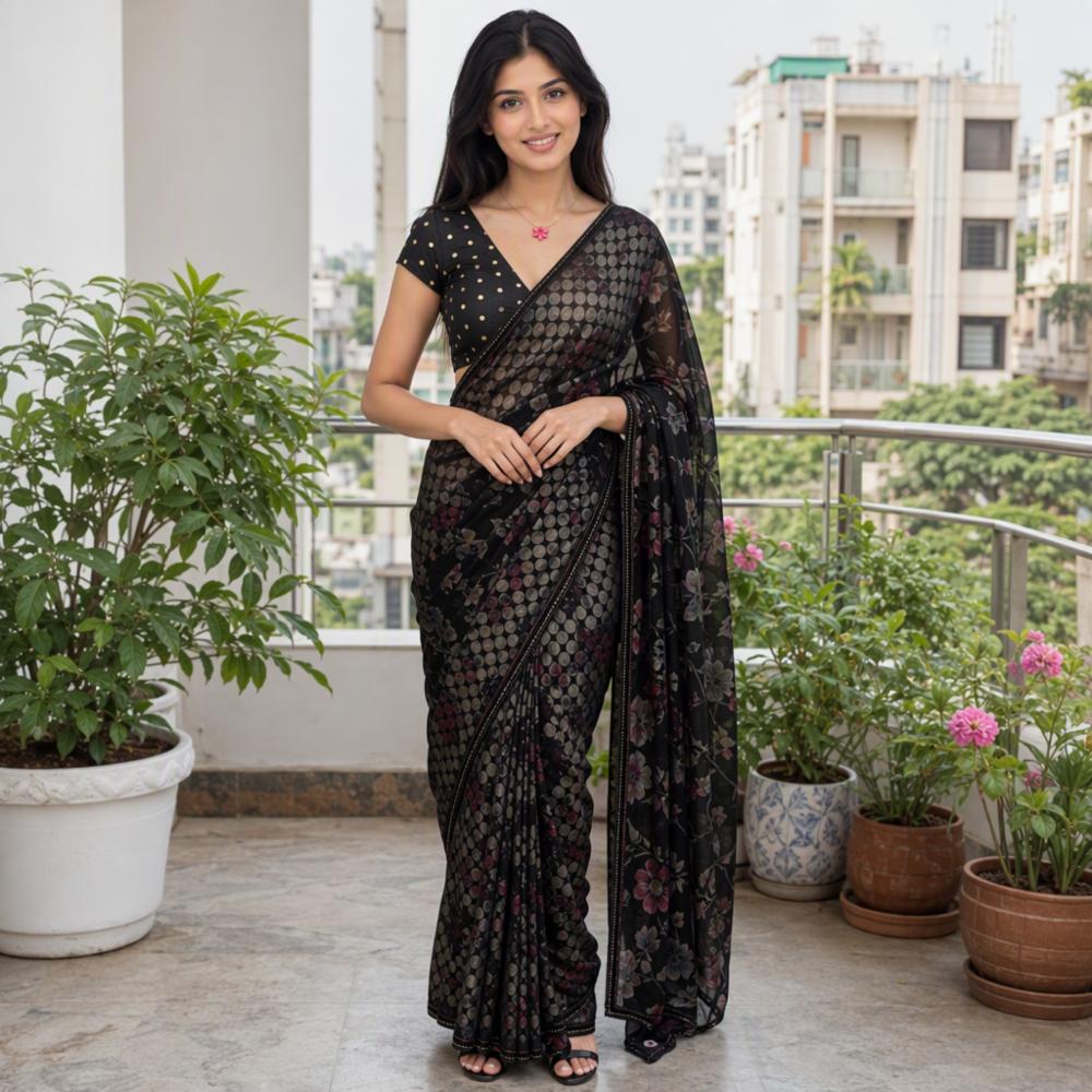 Pure Georgette Saree with Metallic Floral Weaving & Stone Work