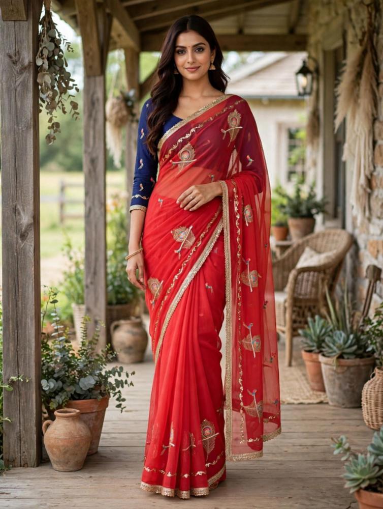 Off White Georgette Saree with Heavy Embroidery