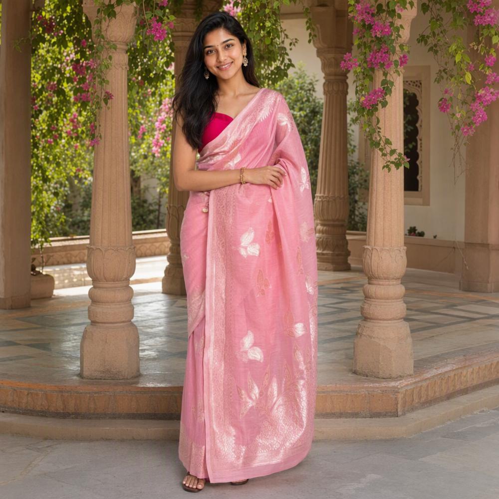 Soft Lilan Slab Jacquard Work Saree with Contrast Blouse