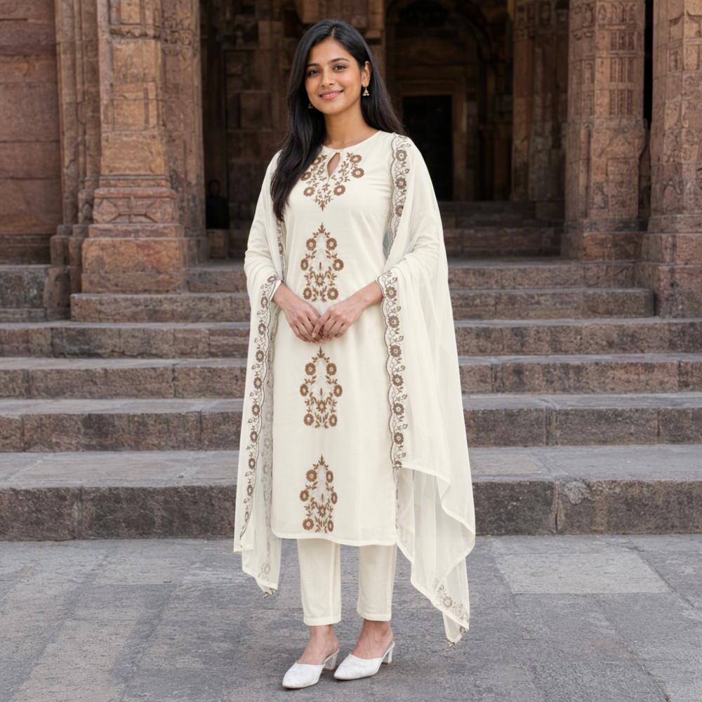 Imali Kurti Pant Dupatta Set for Women â Cream Floral Embroidered Rayon Slub Suit Set