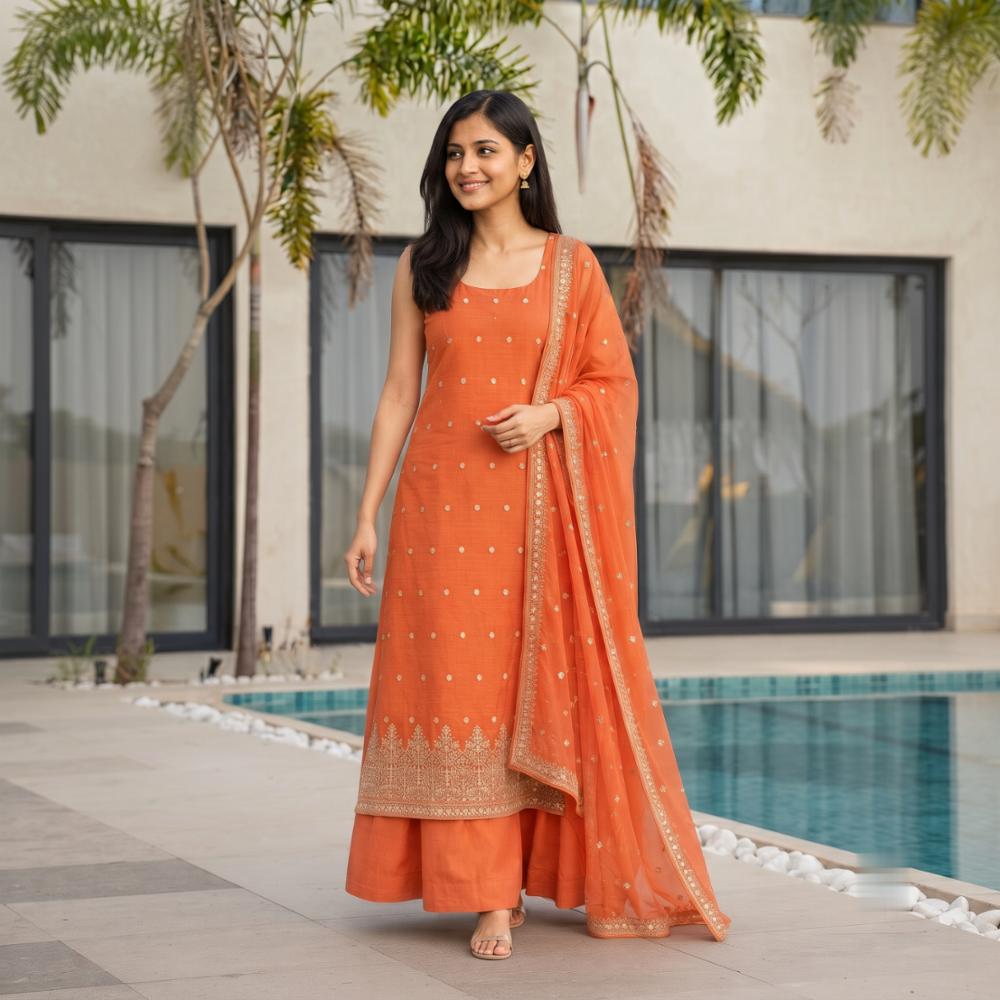 Womenâs Chinon Silk Embroidered Kurti Palazzo Set with Dupatta