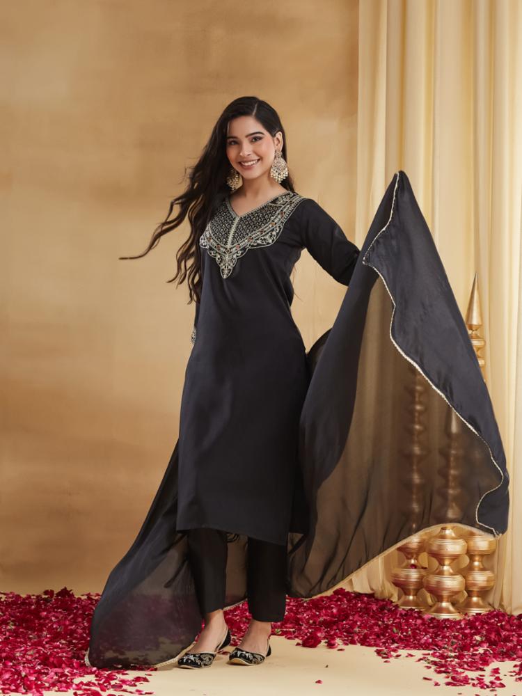 Rayon Slub Embroidered Kurta Set with Chinon Dupatta!