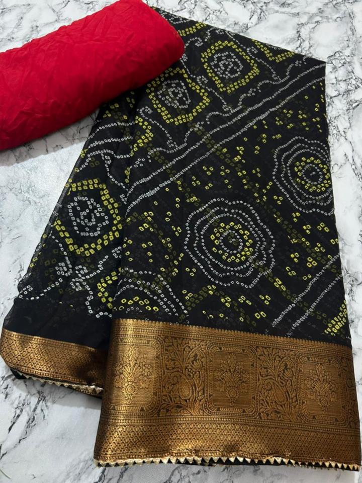 Bandhani Print Pure Silk Saree with Line Border and Blouse