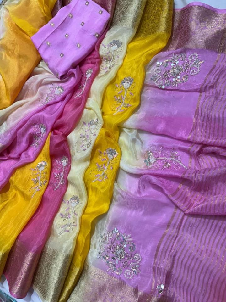 Shaded Pure Ho Silk Zari Saree with Handwork Motifs