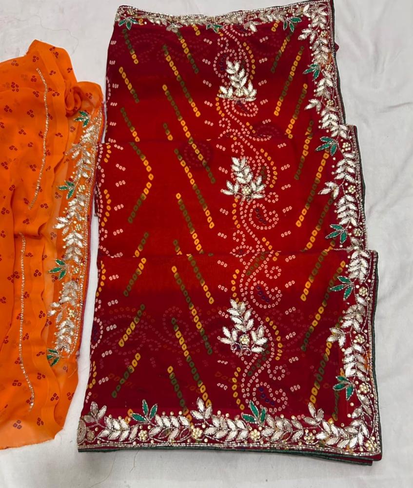 Synthetic Georgette Peela Bandhej Handwork Saree 