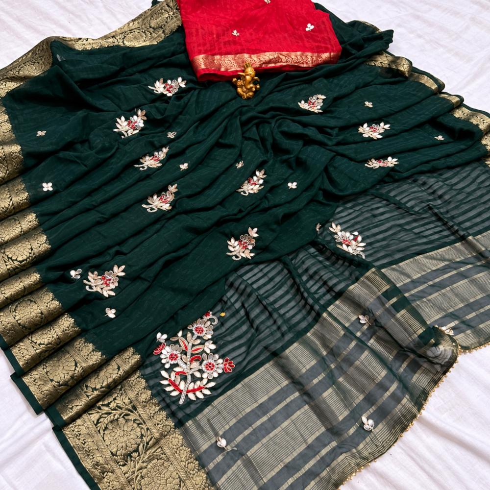 Pure Georgette Nano Jacquard Fabric Handwork Saree with Contrast Blouse