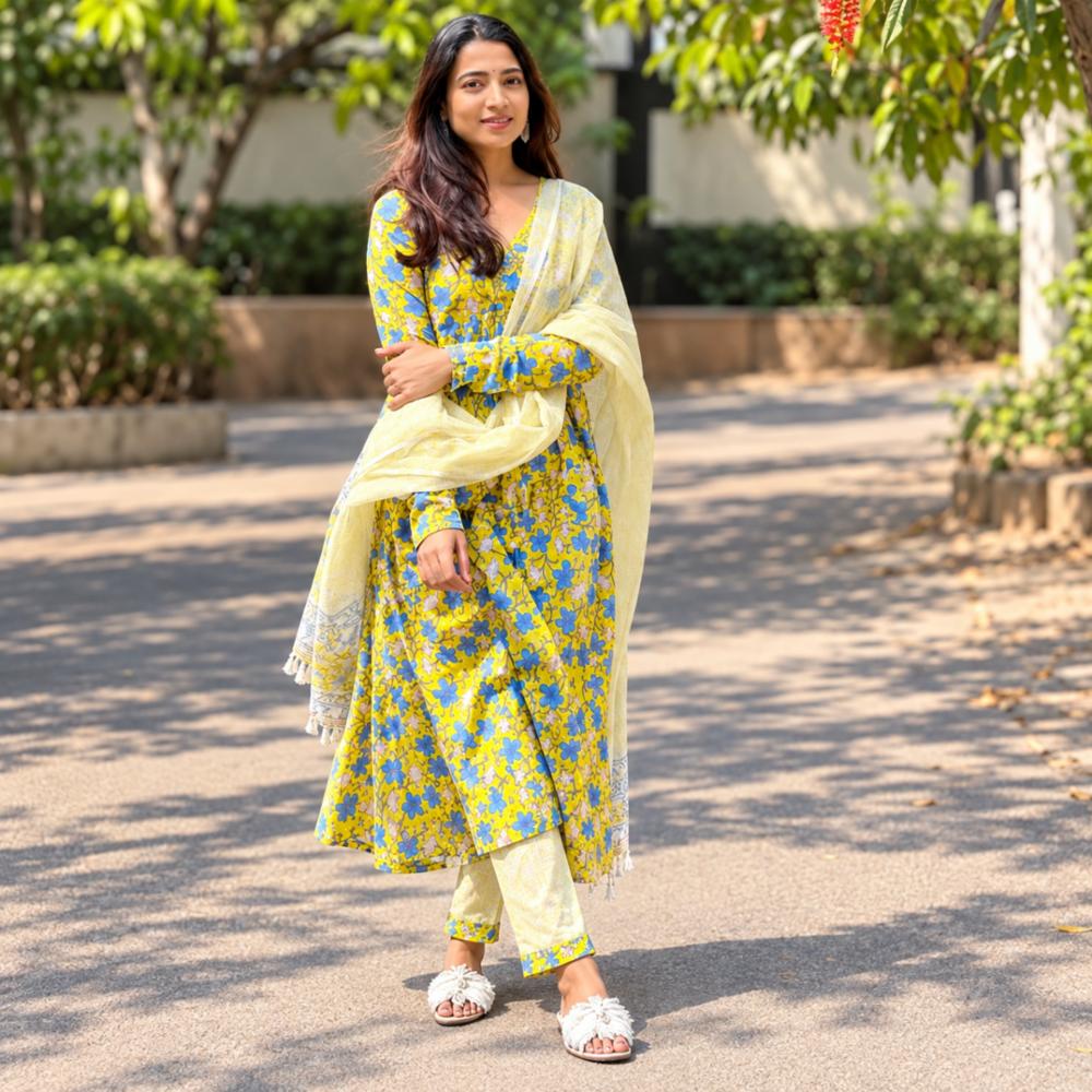 Beige and Black Cotton Printed Anarkali Kurta Set