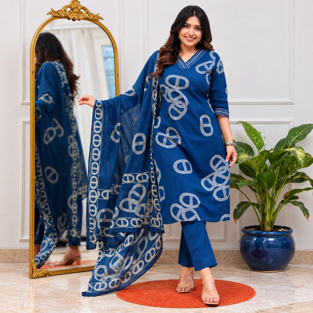 Cotton Beige and Black Printed Anarkali Kurta Set with Pants and Dupatta