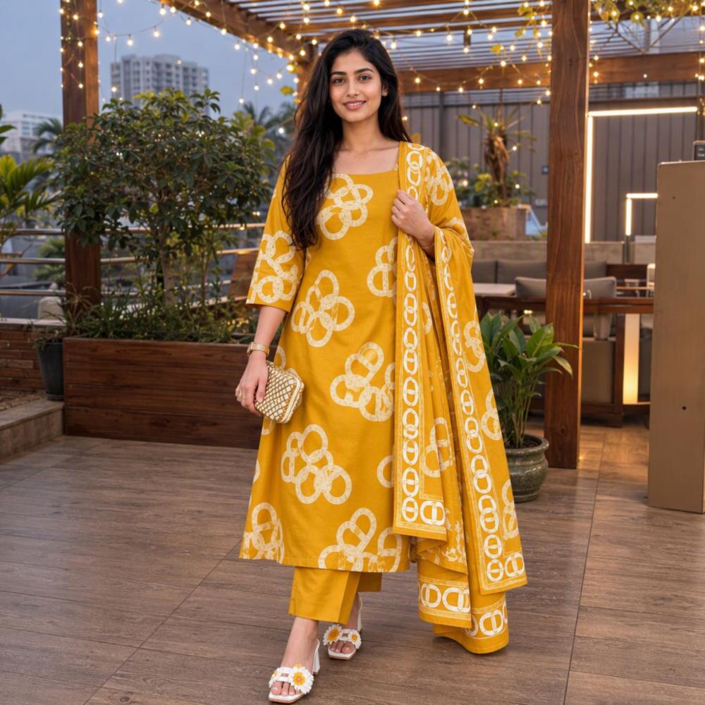 Beige and Black Cotton Printed Anarkali Kurta Set