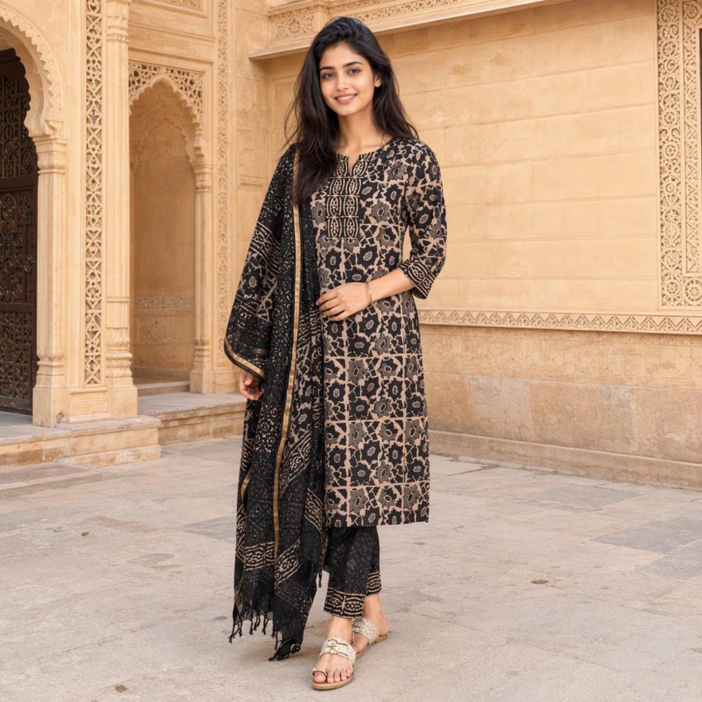 Viscose Block Print Kurta Set with Pants & Dupatta