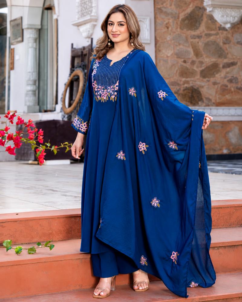 Beige Printed Anarkali Kurta Set with Pants and Dupatta