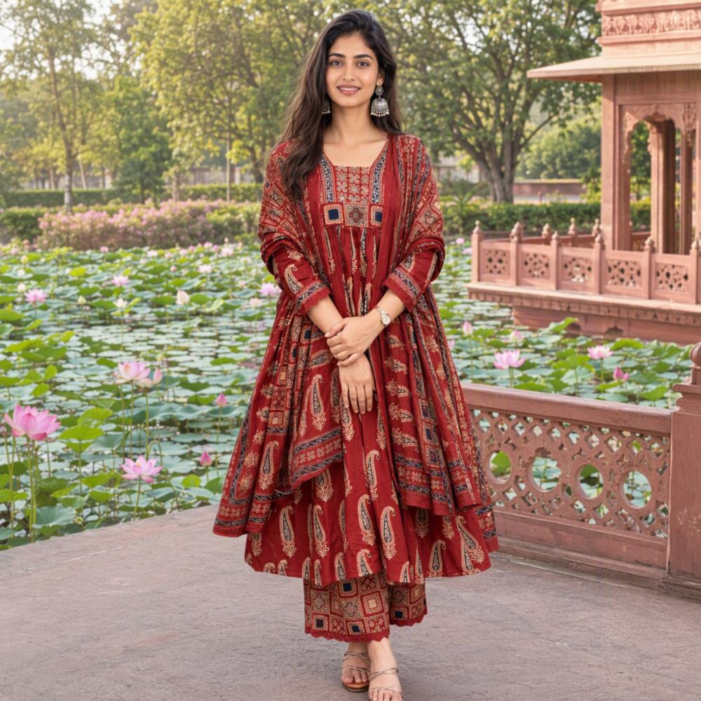 Beige and Black Cotton Printed Anarkali Kurta Set