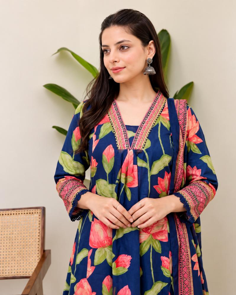 Cotton Navy Blue Kurta Set with Silver Floral Embroidery