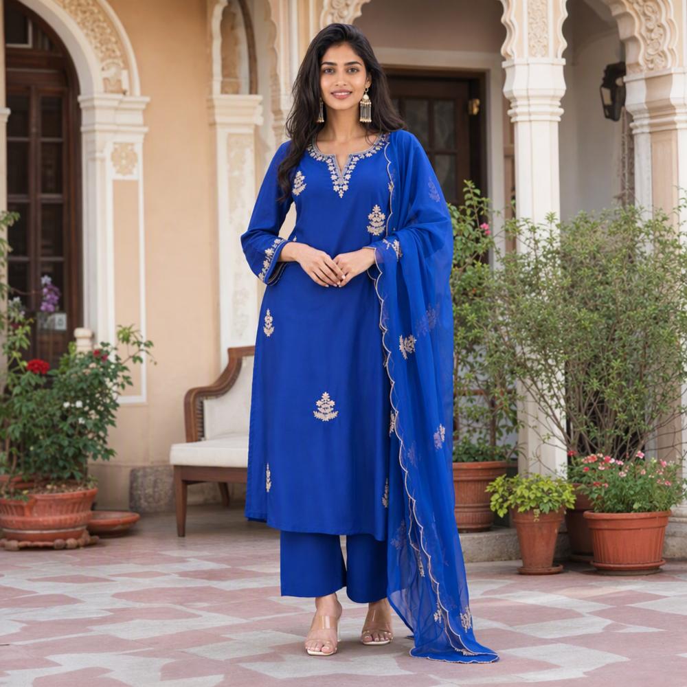 Cotton Navy Blue Kurta Set with Silver Embroidery