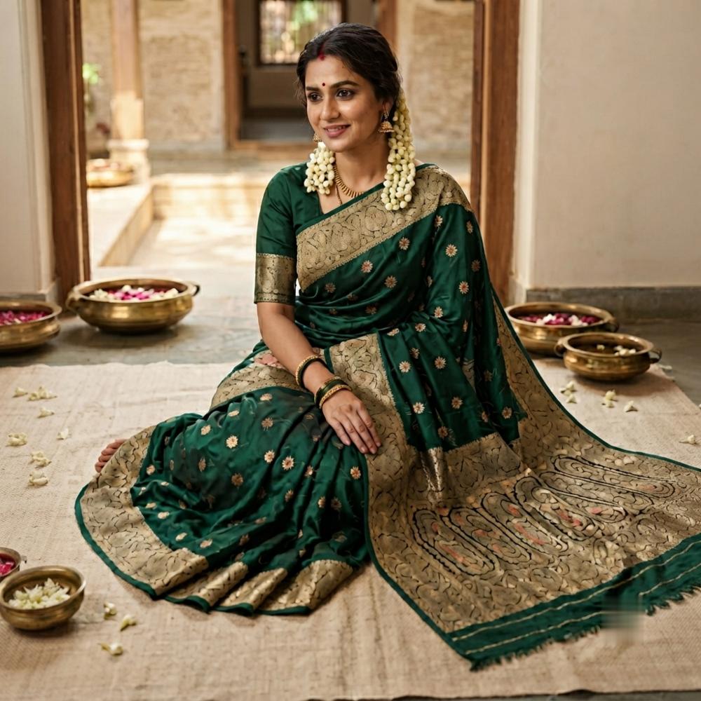 Premium Bottle Green Kanjivaram Soft Silk Saree with Rich Gold Zari Border & Designer Pallu