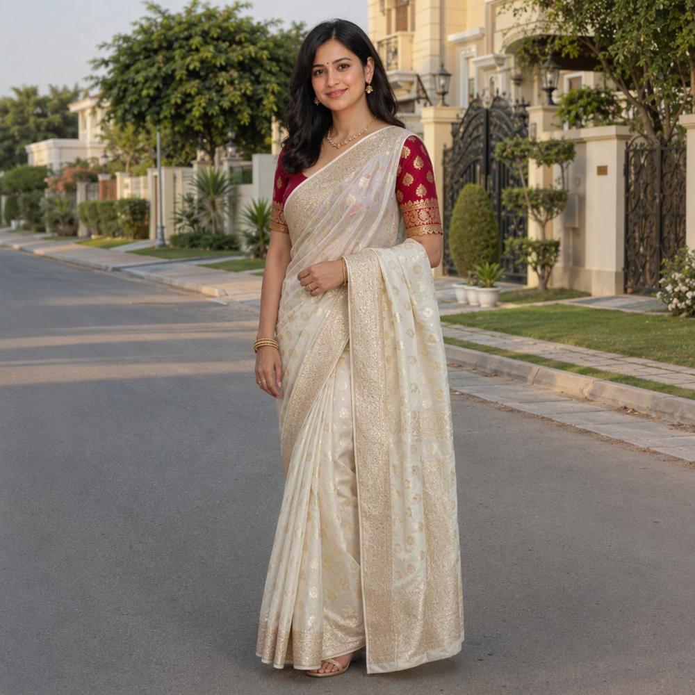 Premium Ivory Georgette Saree with Gold Zari Butta & Maroon Brocade Blouse