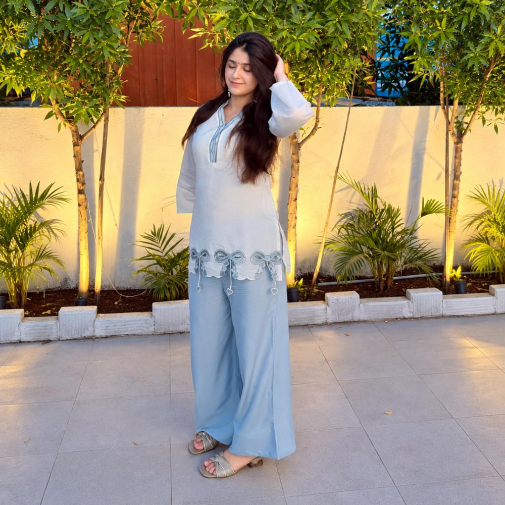 Off-White Cotton Co-ord Set with Embroidered Tunic & Trousers