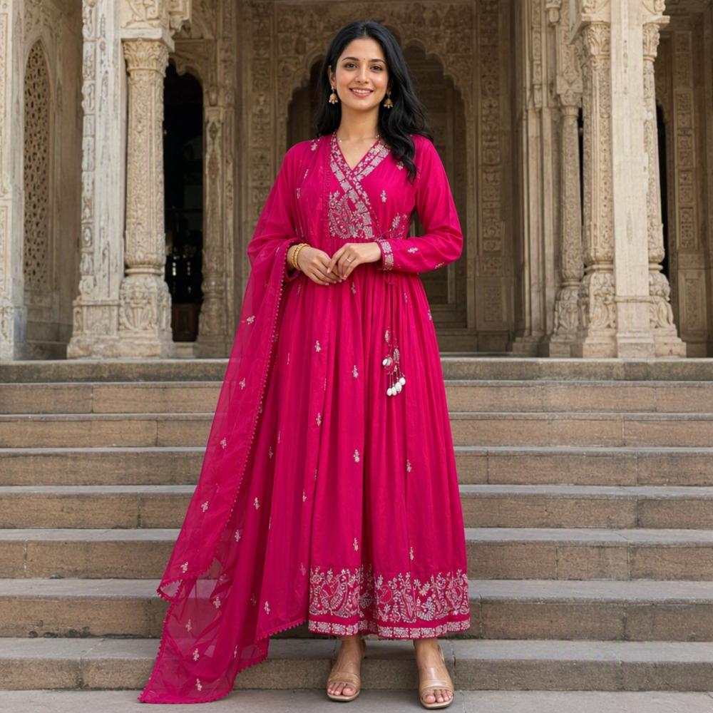 Cotton Angrakha Kurti Set with Embroidery and Malmal Dupatta
