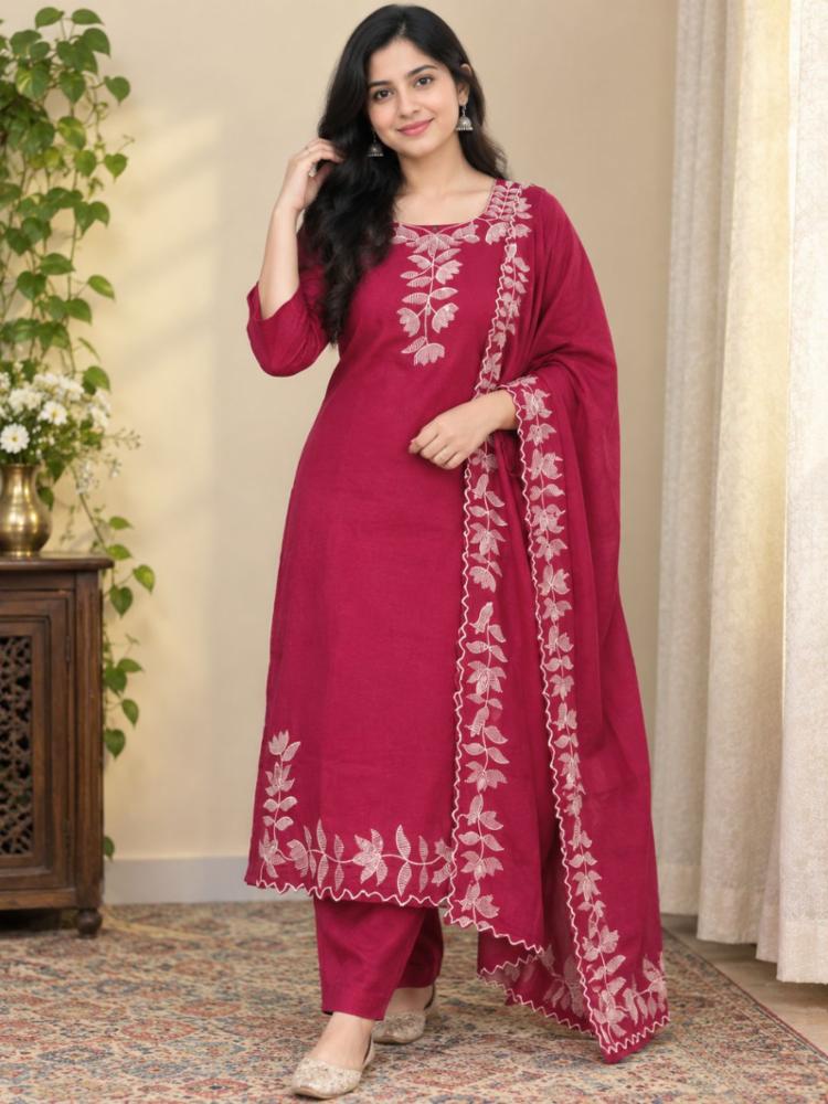 Elegant Magenta Cotton Silk Salwar Suit Set with Floral Embroidery
