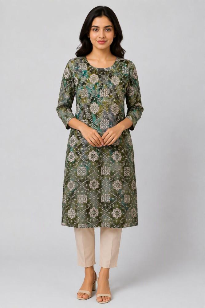 Elegant Olive Green Geometric Print Rayon Kurti 