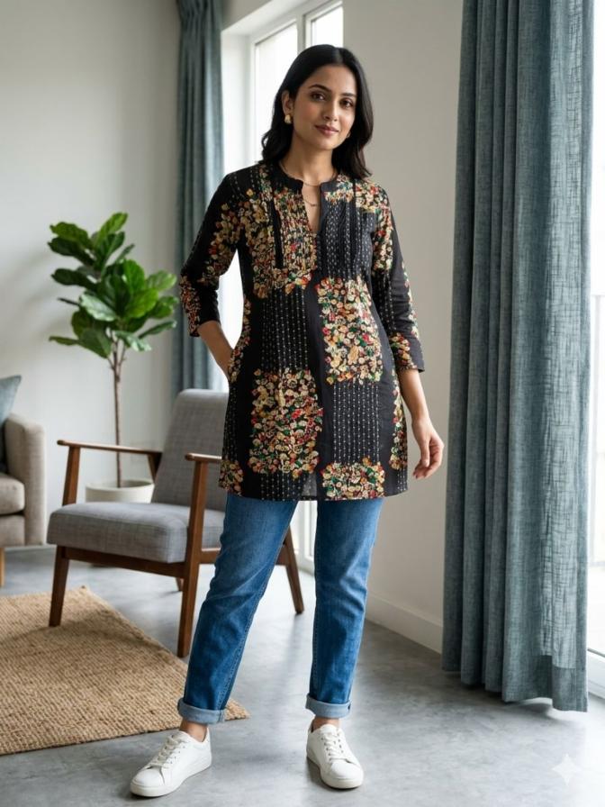 Elegant Multicolored Floral Short Tunic Top
