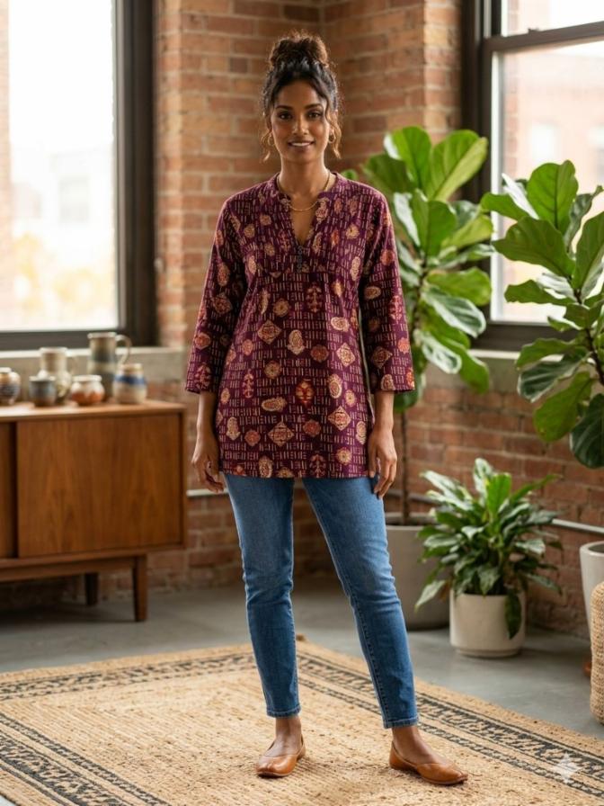 Effortless Fluidity: Printed Maroon Rayon Short Kurti